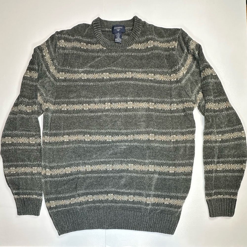 Vintage Dockers Sweater Mens Large Gray Striped Knit‎ Pullover Crewneck 90s Soft